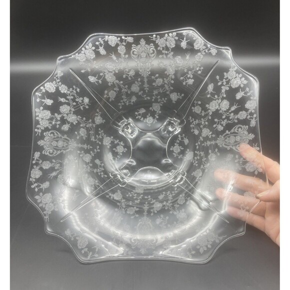 VTG Cambridge Rose Point Floral Clear Glass Footed Square Pedestal Bowl 11.5” - Picture 4 of 7